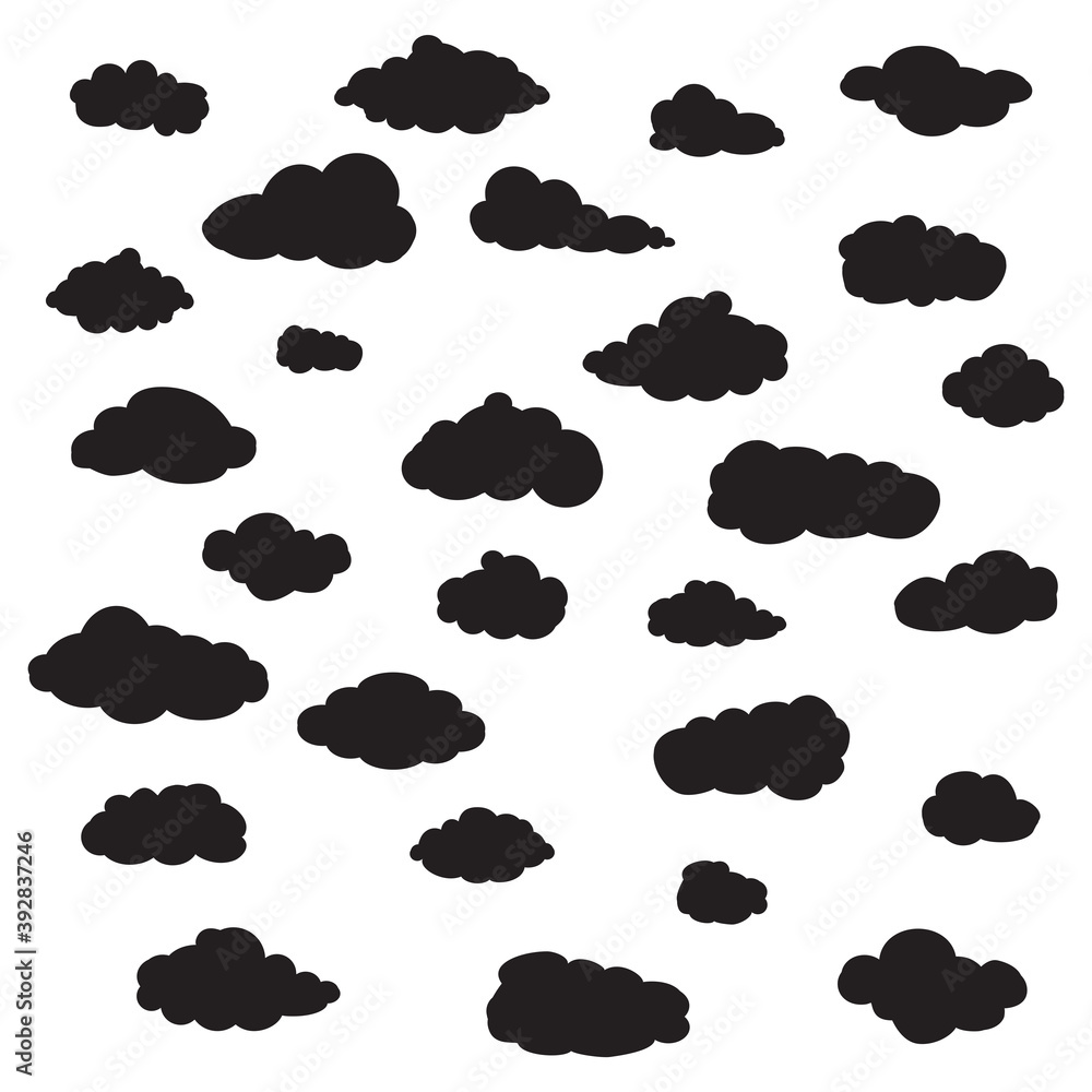 Black cartoon clouds set isolated on white background. Collection of different cartoon clouds for background template, wallpaper and sky design. Cartoon clouds vector. Sky illustration Black cartoon clouds set isolated on white background. Collection of different cartoon clouds for background template, wallpaper and sky design. Cartoon clouds vector. Sky illustration