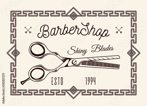Logotype for barbershop in vintage style. Barber shop logo flat vector design emblem with scissors sign and lettering. Hairdressing salon signboard depicting metal clippers and inscriptions