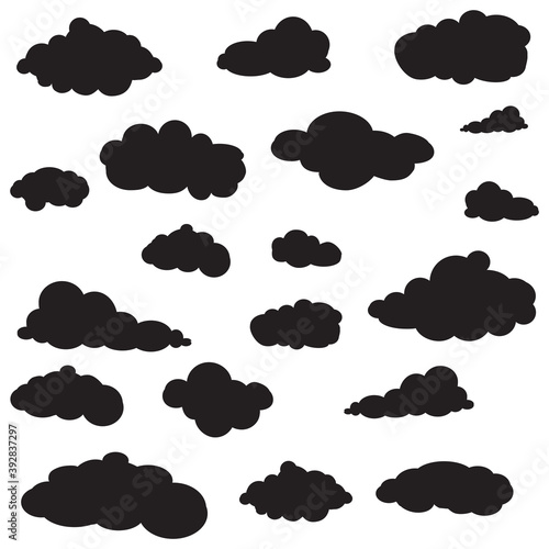 Black cartoon clouds set isolated on white background. Collection of different cartoon clouds for background template, wallpaper and sky design. Cartoon clouds vector. Sky illustration