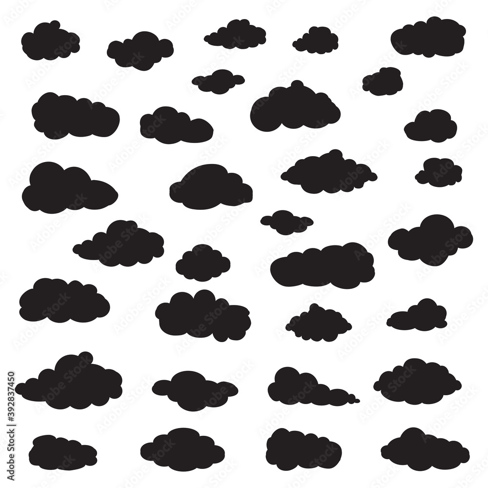 Black cartoon clouds set isolated on white background. Collection of different cartoon clouds for background template, wallpaper and sky design. Cartoon clouds vector. Sky illustration Black cartoon clouds set isolated on white background. Collection of different cartoon clouds for background template, wallpaper and sky design. Cartoon clouds vector. Sky illustration