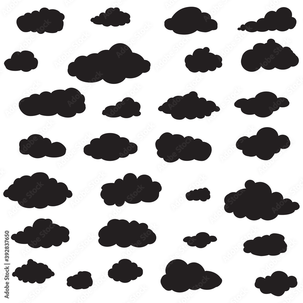 Black cartoon clouds set isolated on white background. Collection of different cartoon clouds for background template, wallpaper and sky design. Cartoon clouds vector. Sky illustration Black cartoon clouds set isolated on white background. Collection of different cartoon clouds for background template, wallpaper and sky design. Cartoon clouds vector. Sky illustration