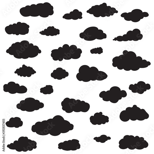 Black cartoon clouds set isolated on white background. Collection of different cartoon clouds for background template, wallpaper and sky design. Cartoon clouds vector. Sky illustration
