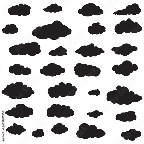 Black cartoon clouds set isolated on white background. Collection of different cartoon clouds for background template, wallpaper and sky design. Cartoon clouds vector. Sky illustration