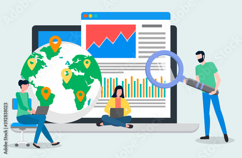 World performance business concept. People working with presentation on laptop with statistical indicators and continental world map infographics template. International trade, global trading networks