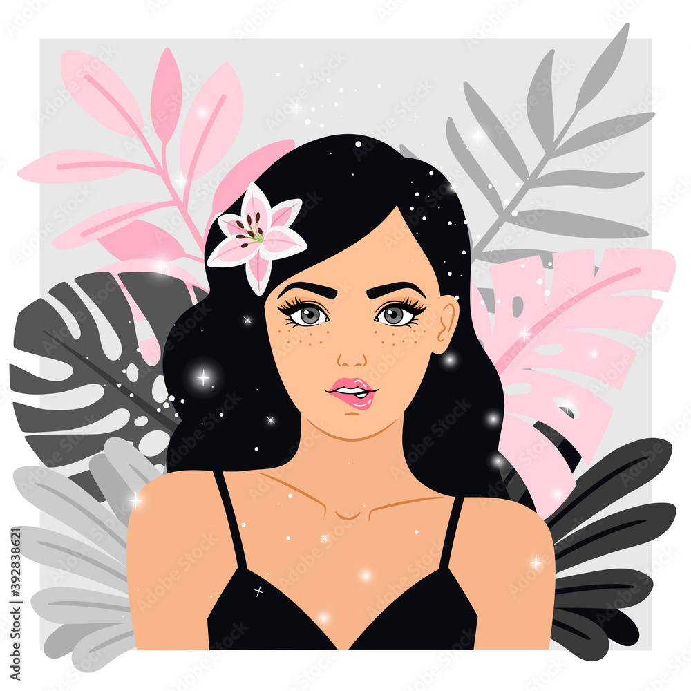 Fashionable woman with flower in hair. Cartoon beautiful romantic lady, young fashion model, vector illustration of colorful portrait of female against background of branches