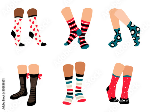 Cute socks. Stylish collection cotton clothes for legs, vector illustration set of beautiful cloth with ornaments to warm isolated on white background