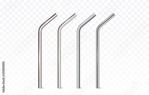 Straws set isolated on transparent background. Stainless, steel, aluminum or silver pipes. Vector 3d eco reusable metal tubes