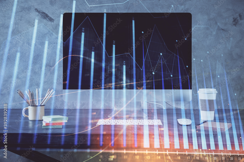 Forex market graph hologram and personal computer on background. Double exposure. Concept of investment. Forex market graph hologram and personal computer on background. Double exposure. Concept of investment.