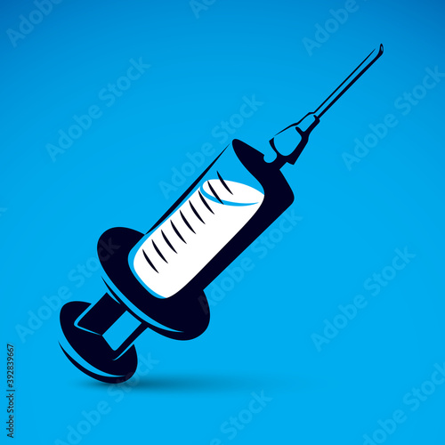 Vector graphic illustration of plastic disposable syringe for medical injections. Get vaccinated idea