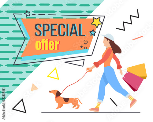 Trendy abstract geometric bubble hot sale. New arrival, big sale and special offer. Black friday up to. Big discount. Girl with dog and shopping bags in hand. Vintage color and shapes in memphis style