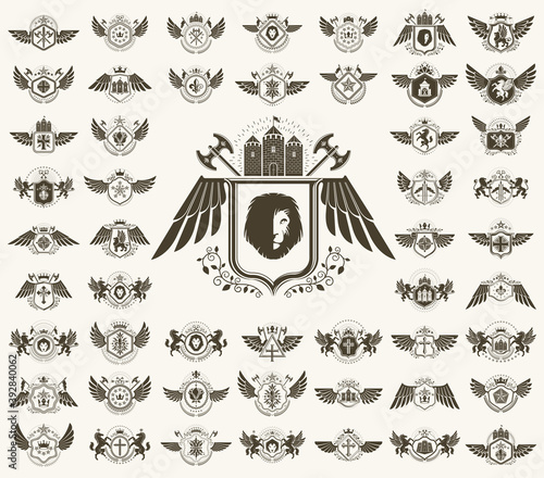 Heraldic Coat of Arms vector big set, vintage antique heraldic badges and awards collection, symbols in classic style design elements, family or business logos.