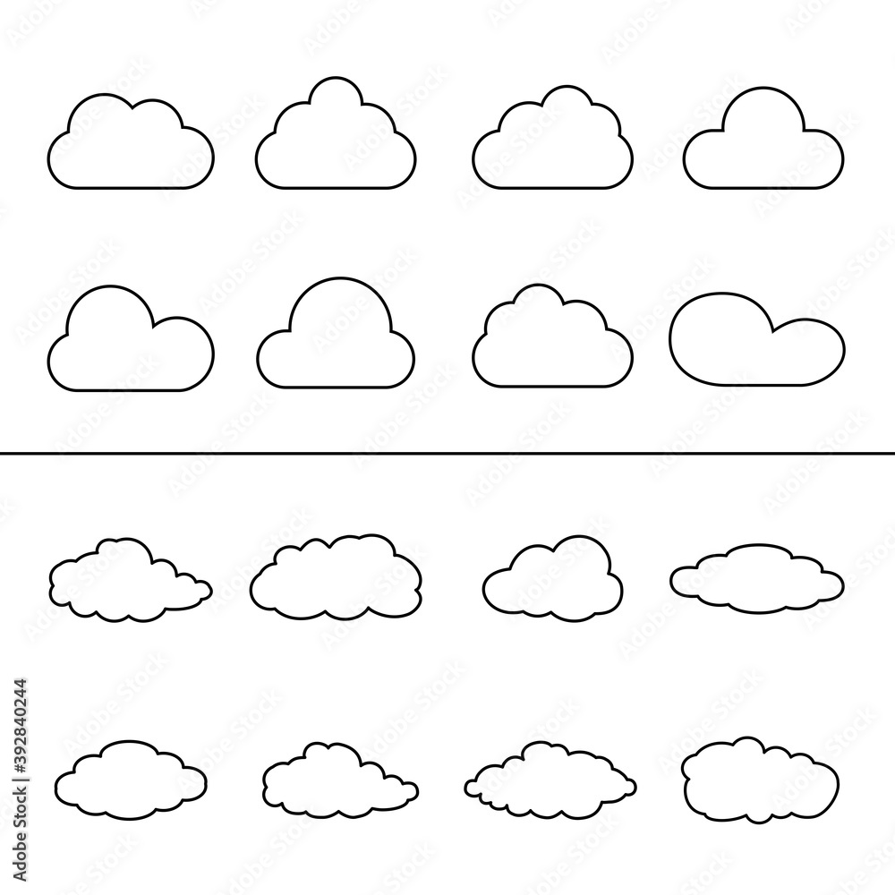 Outline cloud icons set isolated on white background. Collection of different black clouds. Cartoon contour icons for web site, background template, wallpaper and sky design. Clouds thin line vector Outline cloud icons set isolated on white background. Collection of different black clouds. Cartoon contour icons for web site, background template, wallpaper and sky design. Clouds thin line vector