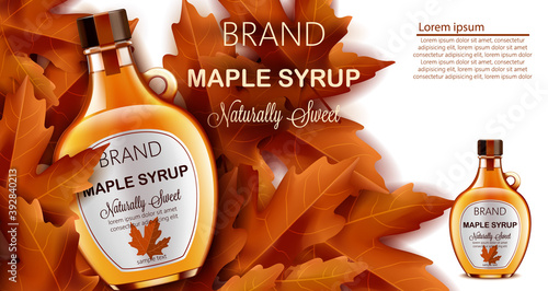Bottle of naturally sweet maple syrup submerged in autumnal leaves. Place for text. Realistic 3D mockup product placement