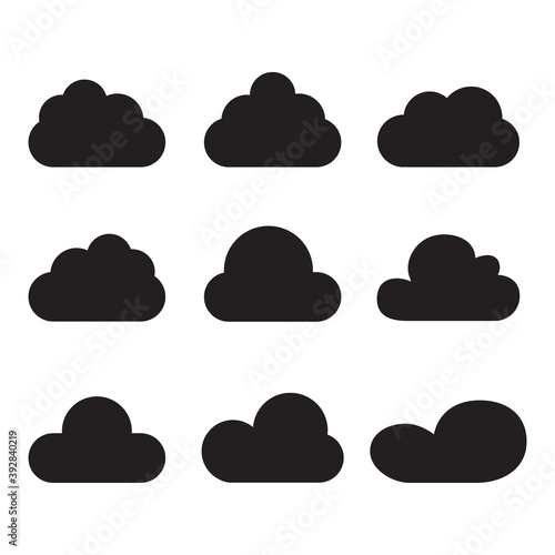 Black cartoon clouds set isolated on white background. Collection of different cartoon clouds for background template, wallpaper and sky design. Cartoon clouds vector. Sky illustration