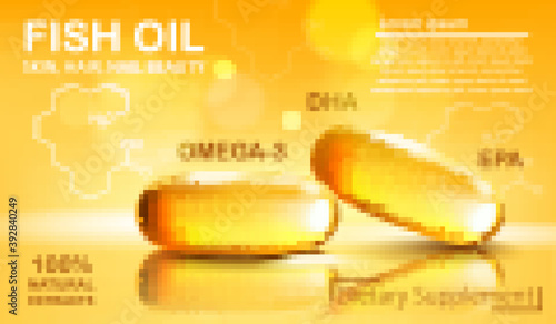 Two shiny capsules with natural extract of fish oil for skin, hair and nail beauty. Dietary supplement with OMEGA-3, DHA and EPA. Place for text. Realistic 3D mockup product placement