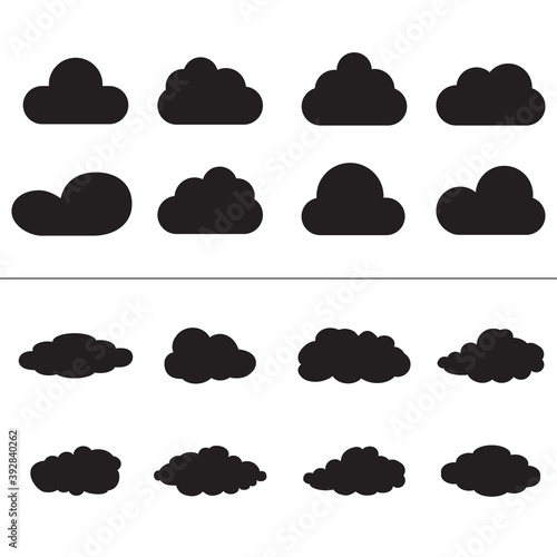 Black cartoon clouds set isolated on white background. Collection of different cartoon clouds for background template, wallpaper and sky design. Cartoon clouds vector. Sky illustration