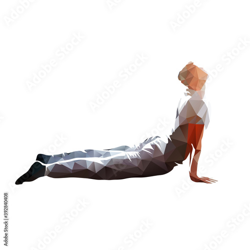 Yoga, upward dog pose. Isolated low polygonal vector illustration, geometric drawing from triangles. Side view. Man pacticing yoga