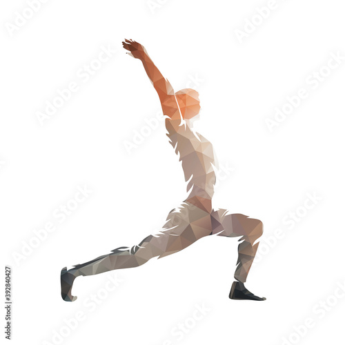 Yoga, warrior pose, isolated low polygonal vector illustration, geometric drawing from triangles. Side view. Man pacticing yoga