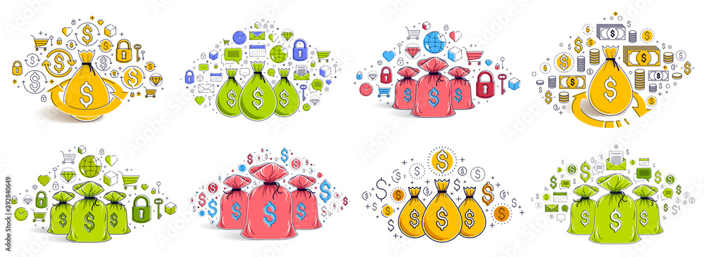 Moneybag vector illustrations set with a lot of different signs and symbols, personal finance or savings concept collection. Moneybag vector illustrations set with a lot of different signs and symbols, personal finance or savings concept collection.