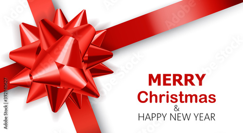Plain white background with red ribbons. Merry Christmas and happy new year. ...