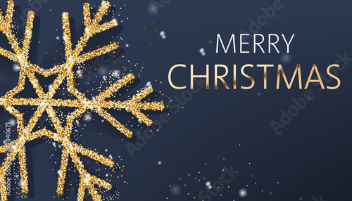 Christmas composition of a big golden snowflake and sparkle. Merry Christmas. Realistic 3D mockup product placement