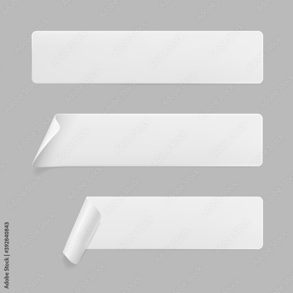 White glued rectangle stickers with curled corners mock up set. Blank white adhesive paper or plastic sticker label with wrinkled and creased effect. Template label tags close up. 3d realistic vector White glued rectangle stickers with curled corners mock up set. Blank white adhesive paper or plastic sticker label with wrinkled and creased effect. Template label tags close up. 3d realistic vector