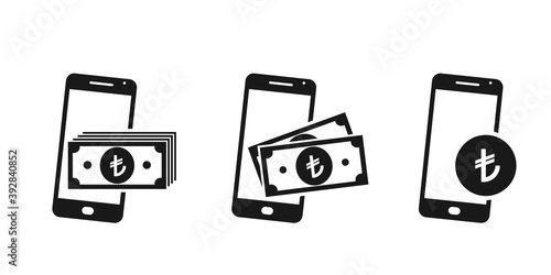 mobile phone money icon set. turkish lira banknotes and coin on smartphone