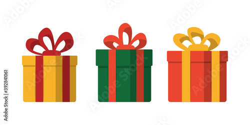 Gift boxes with bows illustration in flat style isolated on white background. Christmas gift wrapping decorations.