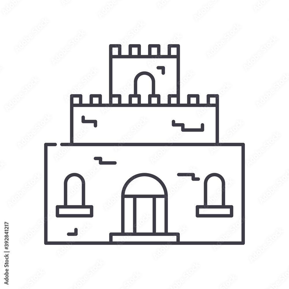 Castle icon, linear isolated illustration, thin line vector, web design sign, outline concept symbol with editable stroke on white background. Castle icon, linear isolated illustration, thin line vector, web design sign, outline concept symbol with editable stroke on white background.