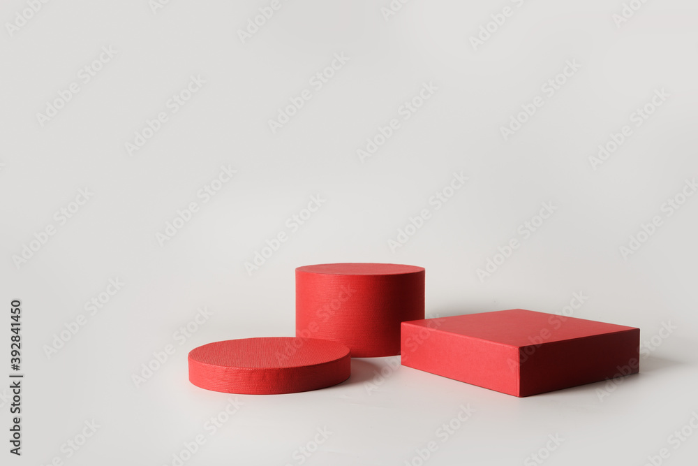 Background with red podiums for product on grey for presentation or exhibitions goods. Background with red podiums for product on grey for presentation or exhibitions goods.