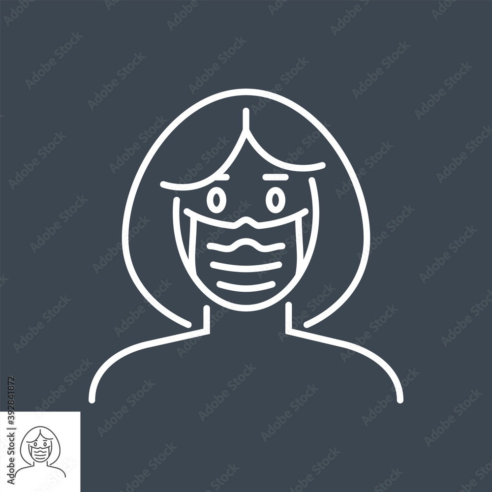 Obraz premium Woman wit medical mask related vector thin line icon. Isolated on Black background. Editable stroke. Vector illustration.