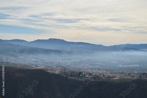 Sierra Nevada and Villages seen from Dehesa del Generalife in Granada, Spain