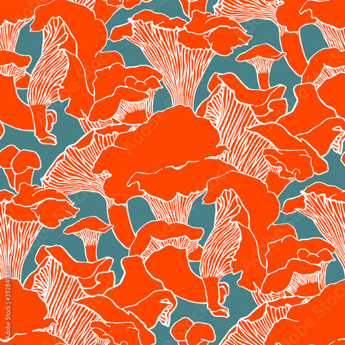 Seamless pattern with forest wild mushrooms. Graphic print with chanterelles. Hand drawn texture for fabric and textile industry. Orange objects on a blue background.