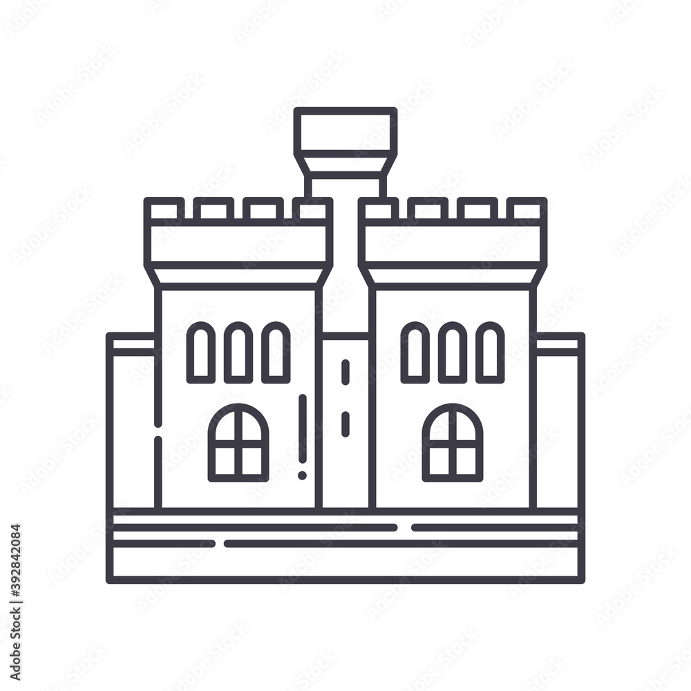 Castle icon, linear isolated illustration, thin line vector, web design sign, outline concept symbol with editable stroke on white background. Castle icon, linear isolated illustration, thin line vector, web design sign, outline concept symbol with editable stroke on white background.