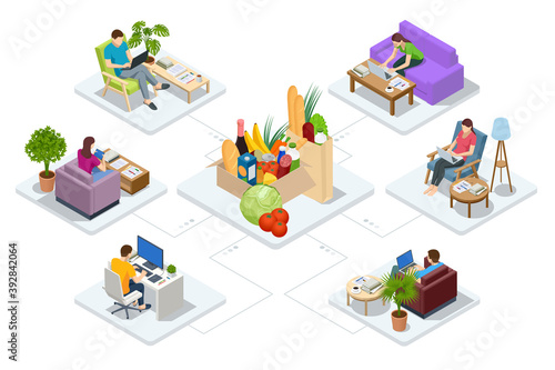 Isometric online shopping , online supermarket concept. People shopping food online using a laptop.