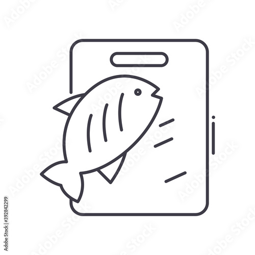 Chopping fish block icon, linear isolated illustration, thin line vector, web design sign, outline concept symbol with editable stroke on white background.