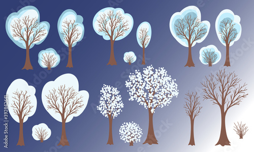 Winter tree set. Snow forest landscape design elements for Christmas decoration. Vector illustration.