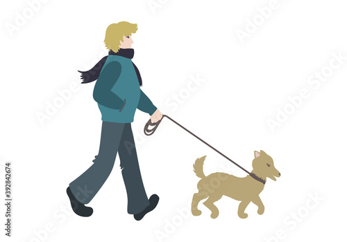 Man is walking with a dog outdoor. People with pet concept. Vector illustration.