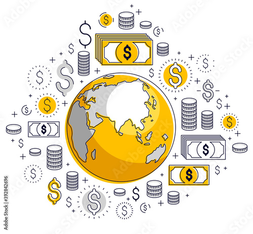 Global business concept, planet earth with dollar icons set, international economy, currency exchange, internet global network connection, vector, elements can be used separately.