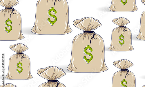 Money bags seamless background, backdrop for financial business website or economical theme ads and information, vector wallpaper or web site background.