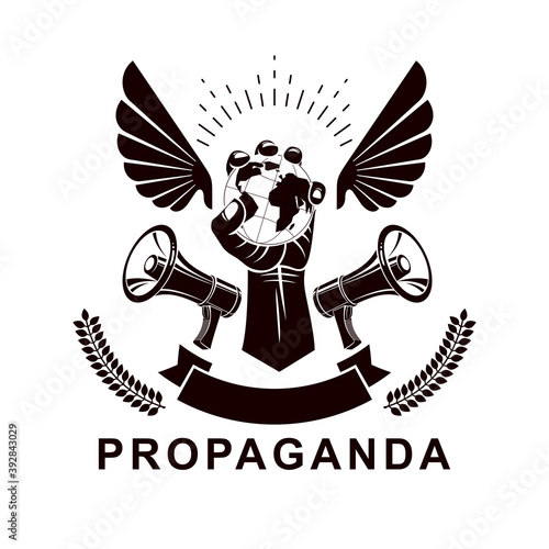Marketing poster composed with loudspeaker equipment and raised arm holding globe, vector illustration. Global authority as the means of political and social influence