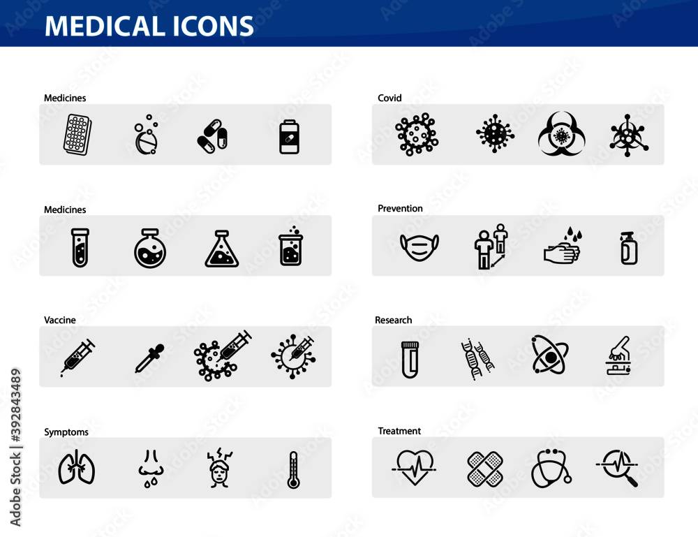 Medical icons depicting medications, vaccine, symptoms, covid, prevention, research, treatment. - obrazy, fototapety, plakaty 