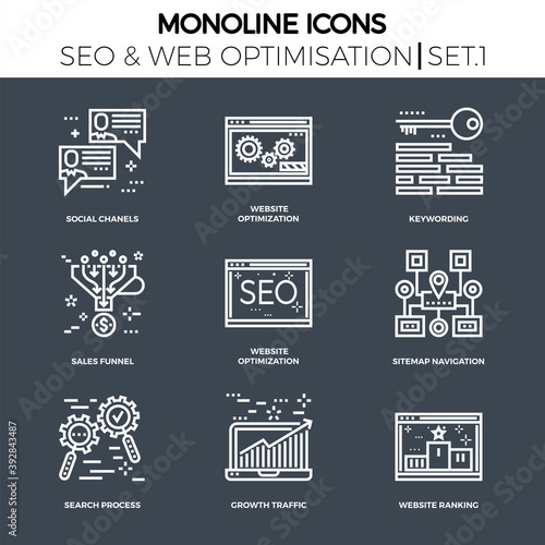 Line icons set with flat design of search engine optimization. Social chanels, keywording, sales funnel, sitemap navigation, search process, growth traffic, ranking. Monoline icons.