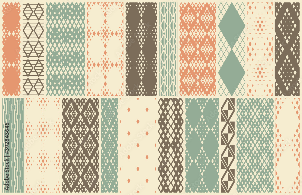 Rhomb seamless geometric vector pattern set, rhombus simple black and white wallpaper background, ethnic folk embroidery or carpet style image collection. Rhomb seamless geometric vector pattern set, rhombus simple black and white wallpaper background, ethnic folk embroidery or carpet style image collection.