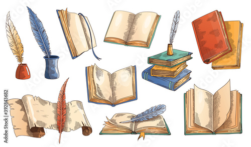 Old book. Vector set of old open books with empty page, parchment paper scroll with vintage antique quill and feather quill pen in inkwell. Retro writing stationery and manuscript for education