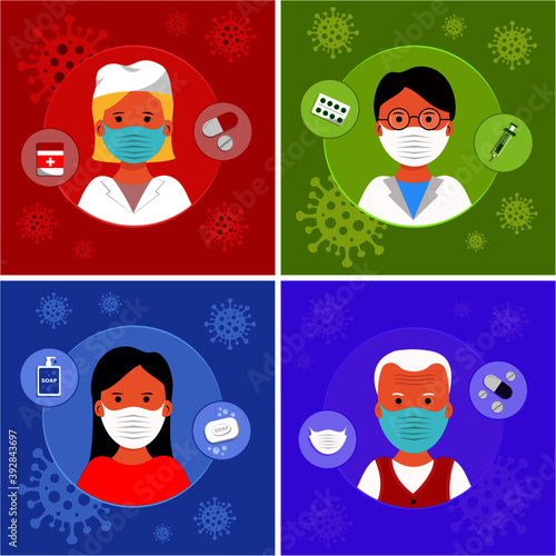 Vector people on multi-colored covid backgrounds with masks and drugs