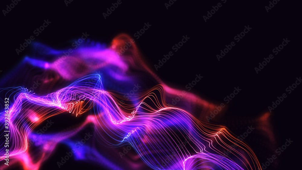 Fototapeta premium Glowing wavy background illustration artwork. Colourful line particles with beautiful bokeh. Digital 3d design concept