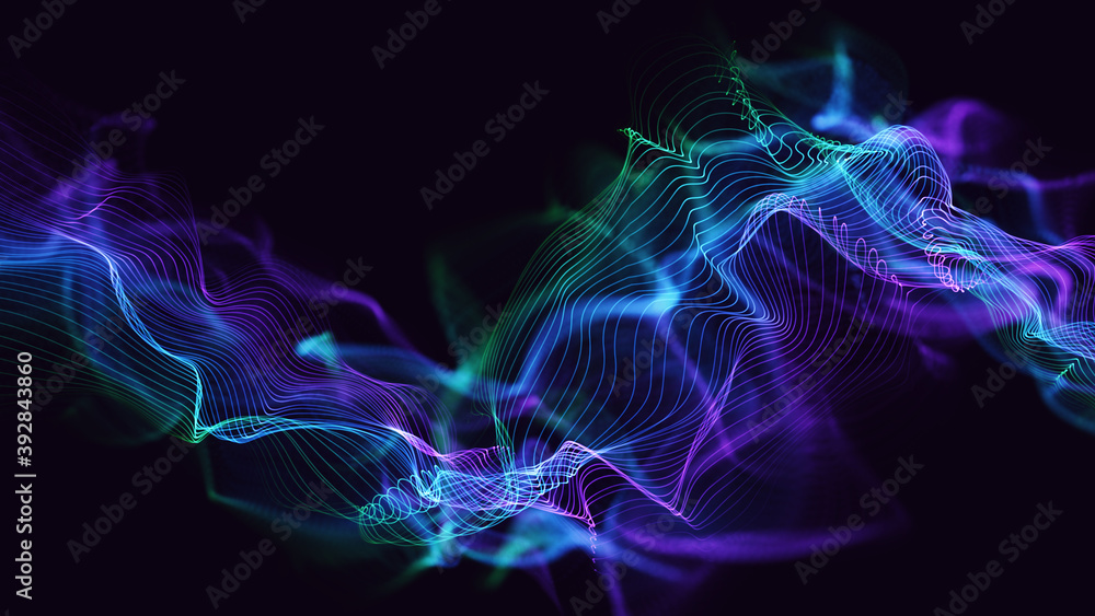 Glowing dynamic techno waves background. Multi-coloured line particles with beautiful bokeh. Digital 3d perspective illustration concept art Glowing dynamic techno waves background. Multi-coloured line particles with beautiful bokeh. Digital 3d perspective illustration concept art