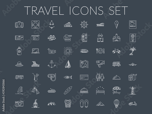 Travel icons set. Summer holidays, vacation and travel objects. Modern infographic vector logo pictogram collection concept. Line style.