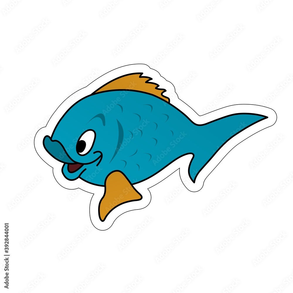 Obraz premium Sticker of Blue Fish with Yellow Fins Opening its Mouth Cartoon, Cute Funny Character, Flat Design